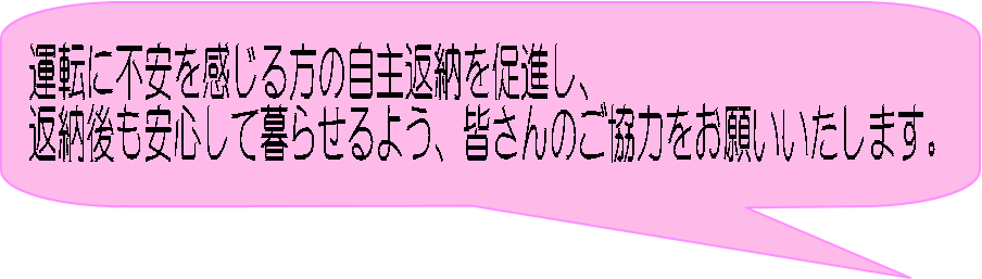 運転に不安を感じる方の自主返納を促進し、 返納後も安心して暮らせるよう、皆さんのご協力をお願いいたします。